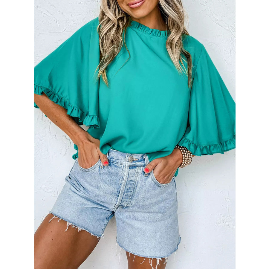 Ruffle Trim Half Sleeve Blouse Blue / S Apparel and Accessories