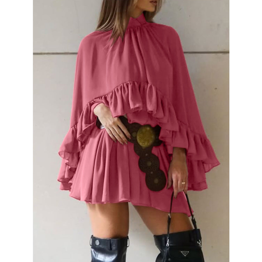 Ruffle Trim High Neck Mini Dress Apparel and Accessories