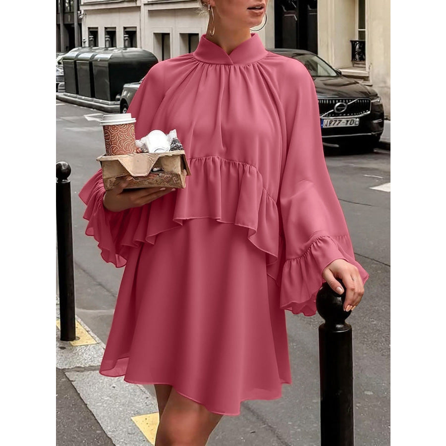 Ruffle Trim High Neck Mini Dress Apparel and Accessories