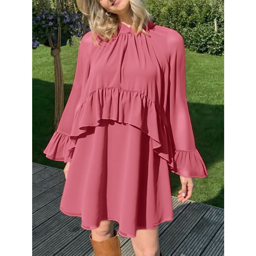 Ruffle Trim High Neck Mini Dress Apparel and Accessories