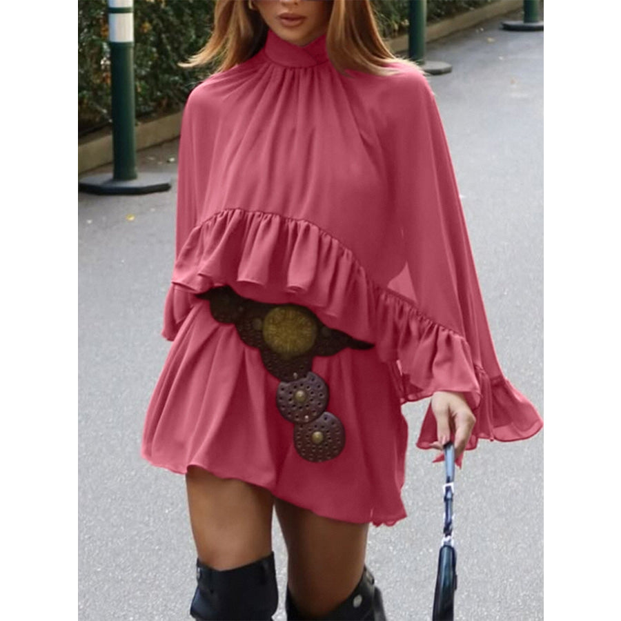 Ruffle Trim High Neck Mini Dress Apparel and Accessories