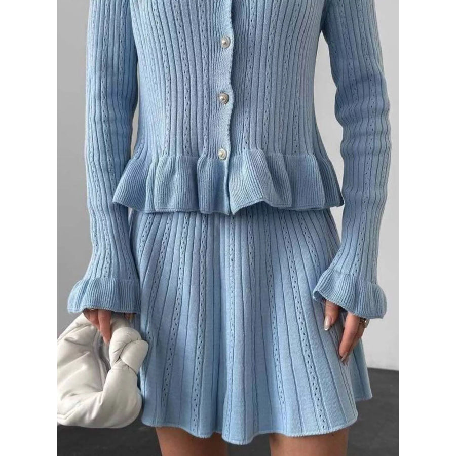 Ruffle Trim Knit Cardigan & Skirt Set Apparel and Accessories