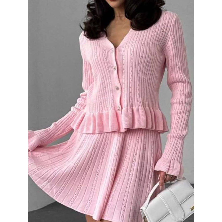 Ruffle Trim Knit Cardigan & Skirt Set Apparel and Accessories