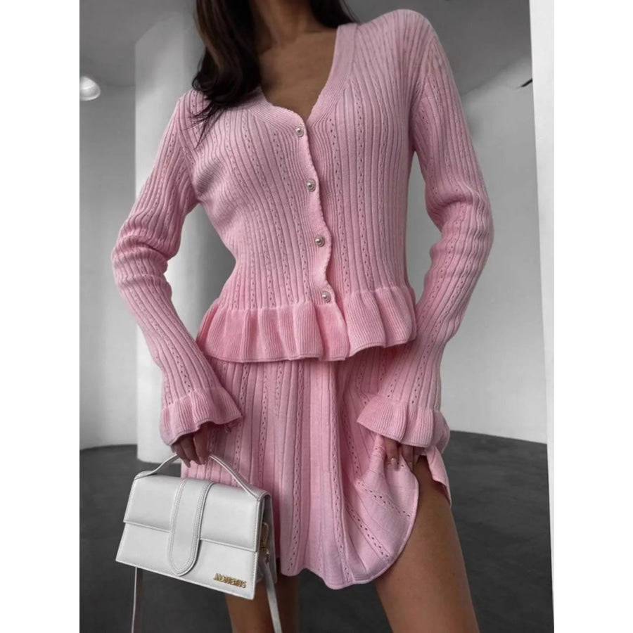 Ruffle Trim Knit Cardigan & Skirt Set Blush Pink / S Apparel and Accessories