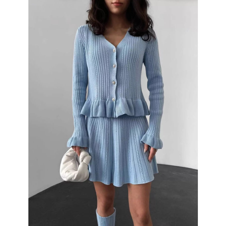 Ruffle Trim Knit Cardigan & Skirt Set Light Blue / S Apparel and Accessories