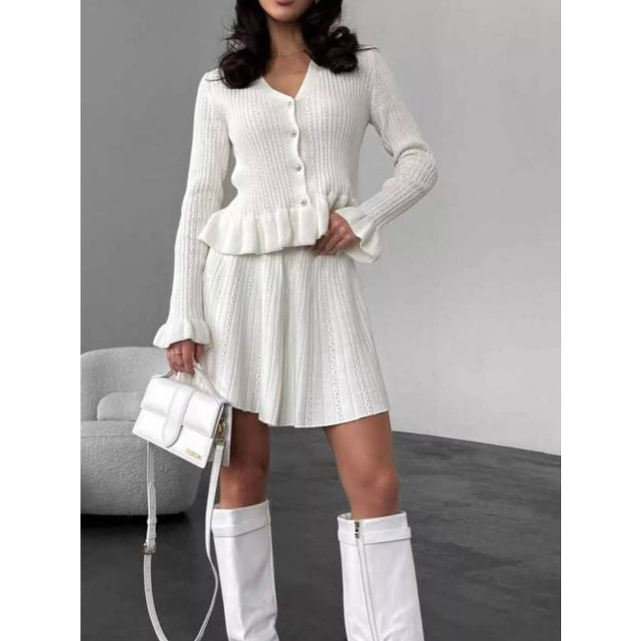Ruffle Trim Knit Cardigan & Skirt Set White / S Apparel and Accessories