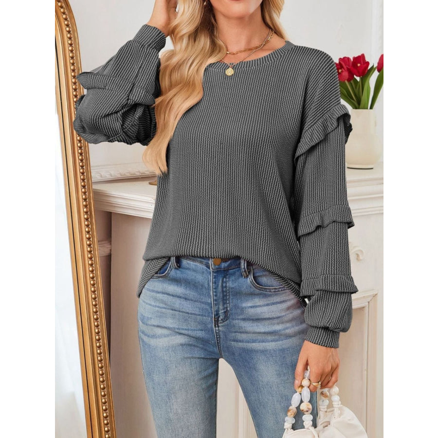Ruffle Trim Long Sleeve Blouse Apparel and Accessories