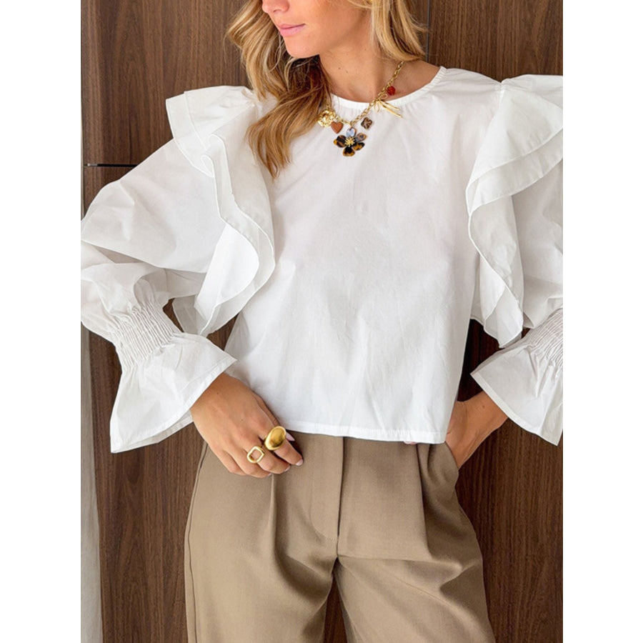 Ruffle Trim Long Sleeve Blouse Apparel and Accessories