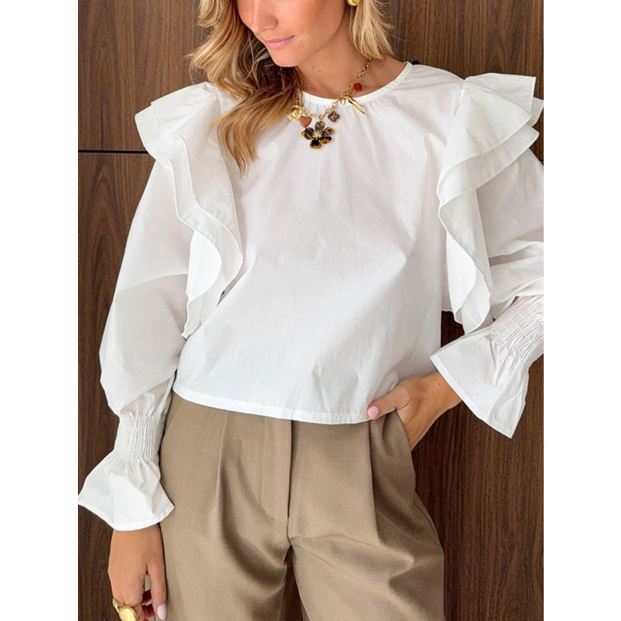 Ruffle Trim Long Sleeve Blouse White / S Apparel and Accessories