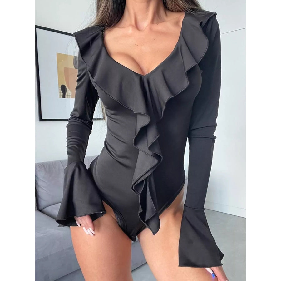 Ruffle Trim Long Sleeve Bodysuit Black / S Apparel and Accessories