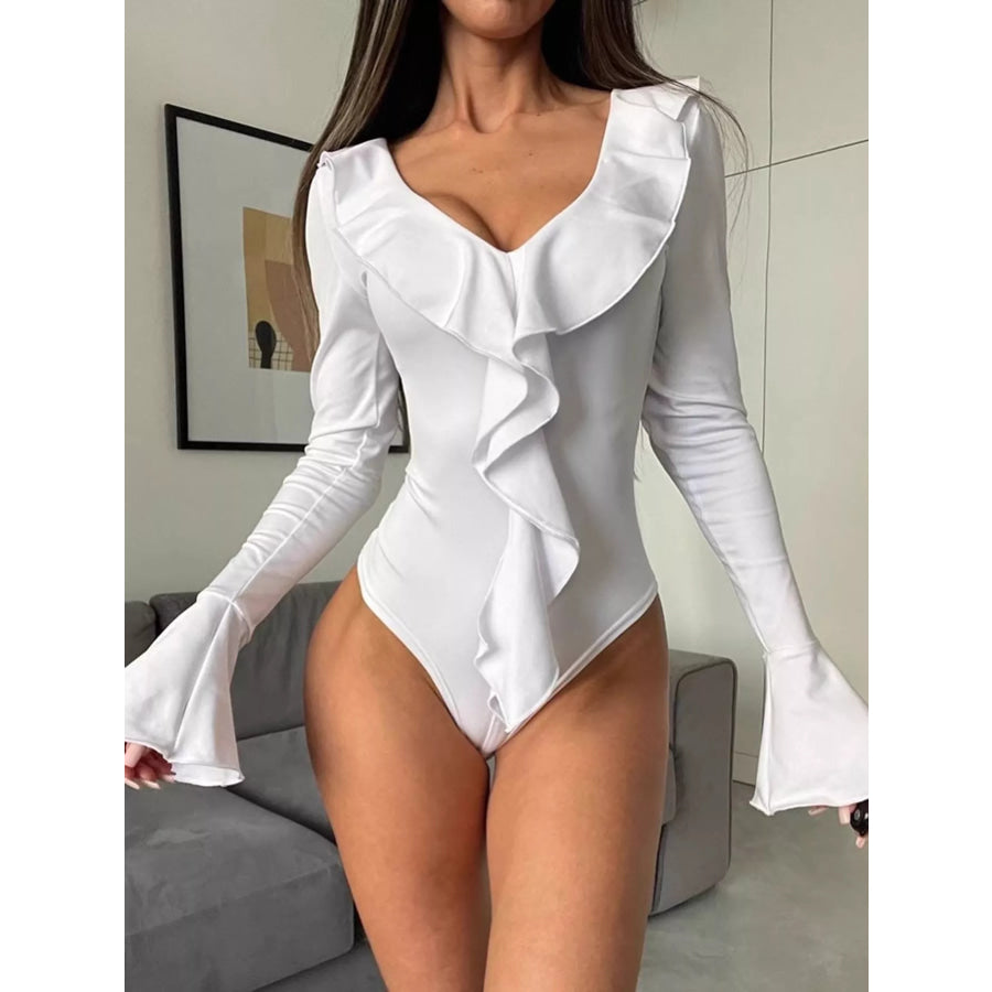 Ruffle Trim Long Sleeve Bodysuit White / S Apparel and Accessories