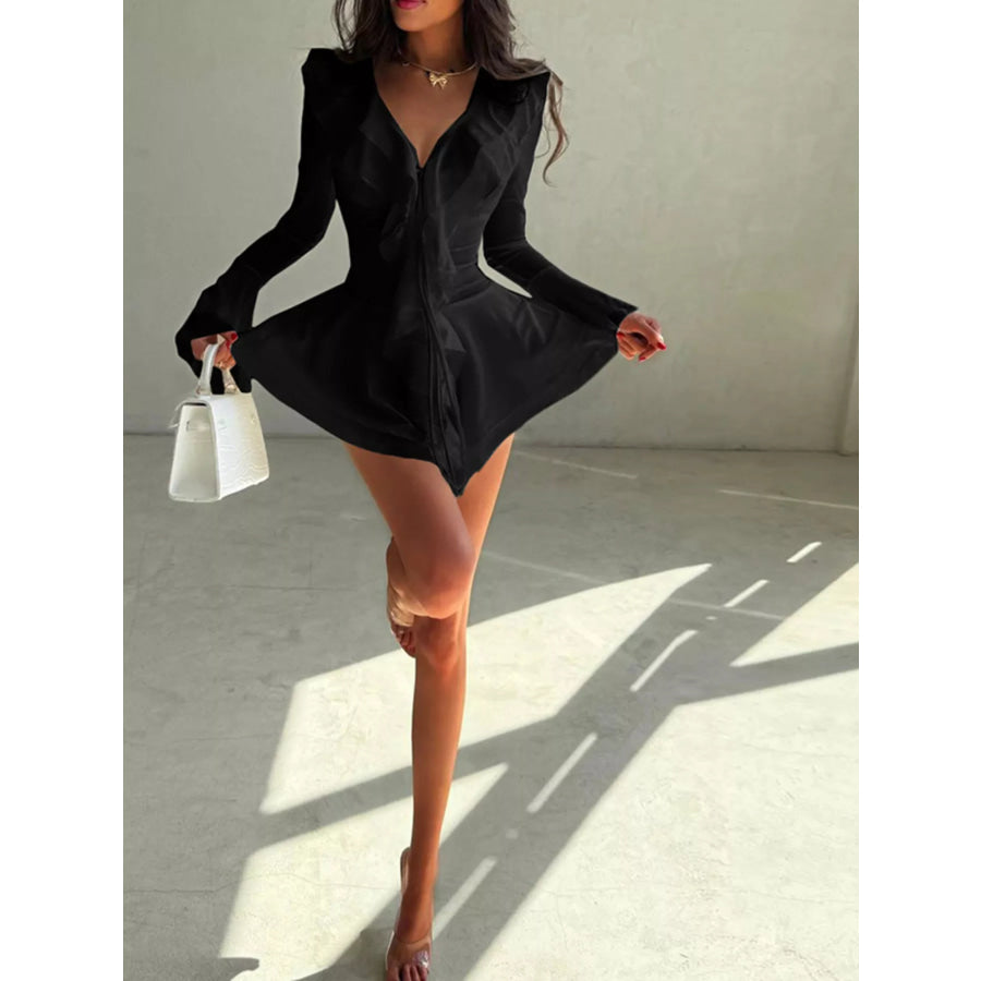 Ruffle Trim Long Sleeve Mini Dress Apparel and Accessories