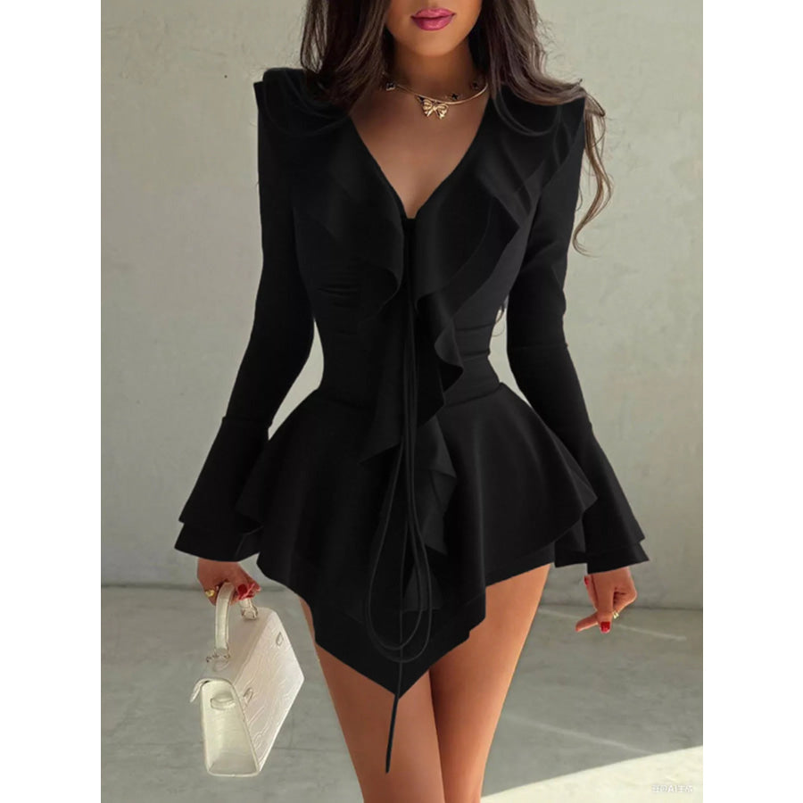 Ruffle Trim Long Sleeve Mini Dress Black / S Apparel and Accessories
