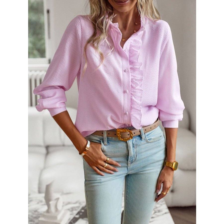 Ruffle Trim Long Sleeve Shirt Blush Pink / S Apparel and Accessories