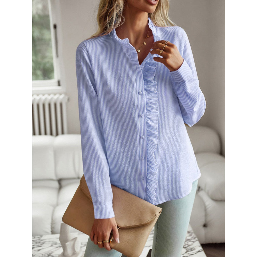 Ruffle Trim Long Sleeve Shirt Light Blue / S Apparel and Accessories