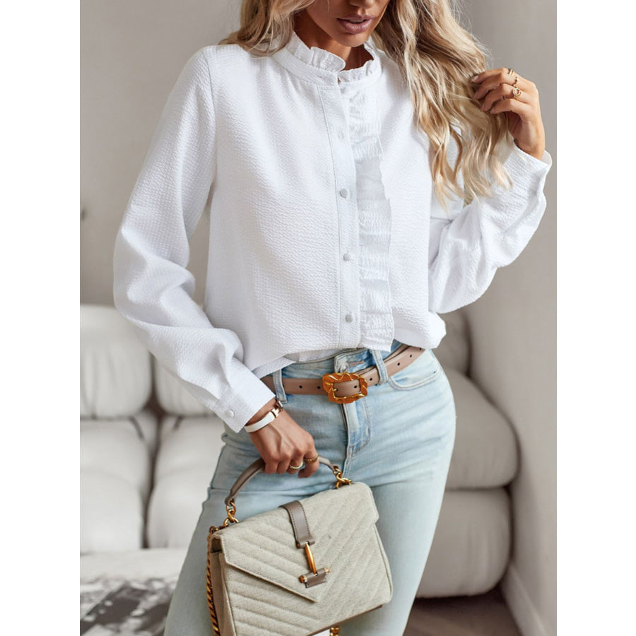 Ruffle Trim Long Sleeve Shirt White / S Apparel and Accessories