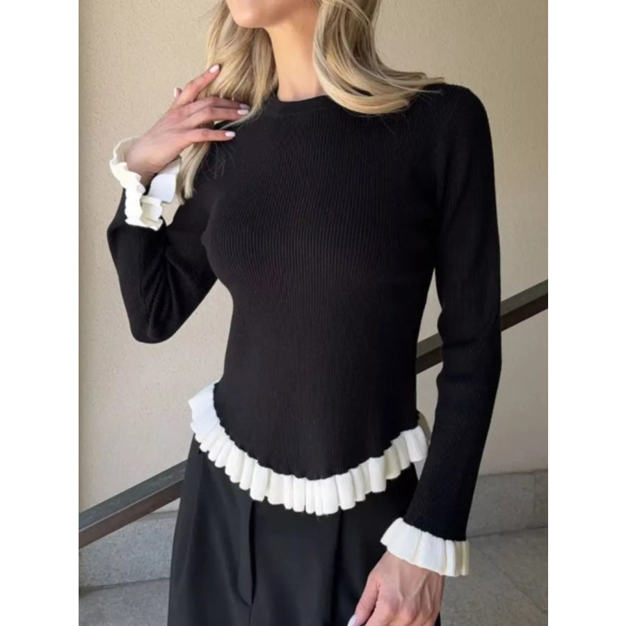 Ruffle Trim Long Sleeve Sweater Black / S Apparel and Accessories