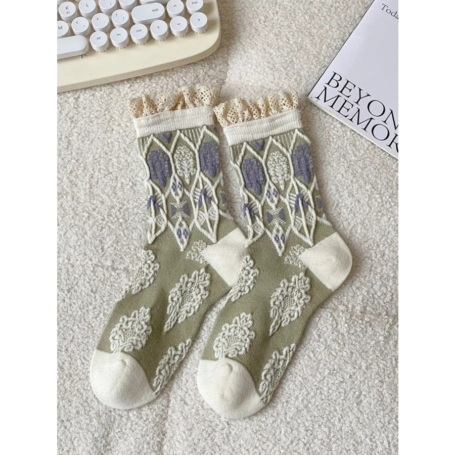 Ruffle-Trim Mid-Calf Socks Beige / One Size Apparel and Accessories