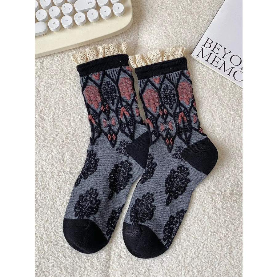 Ruffle-Trim Mid-Calf Socks Black / One Size Apparel and Accessories