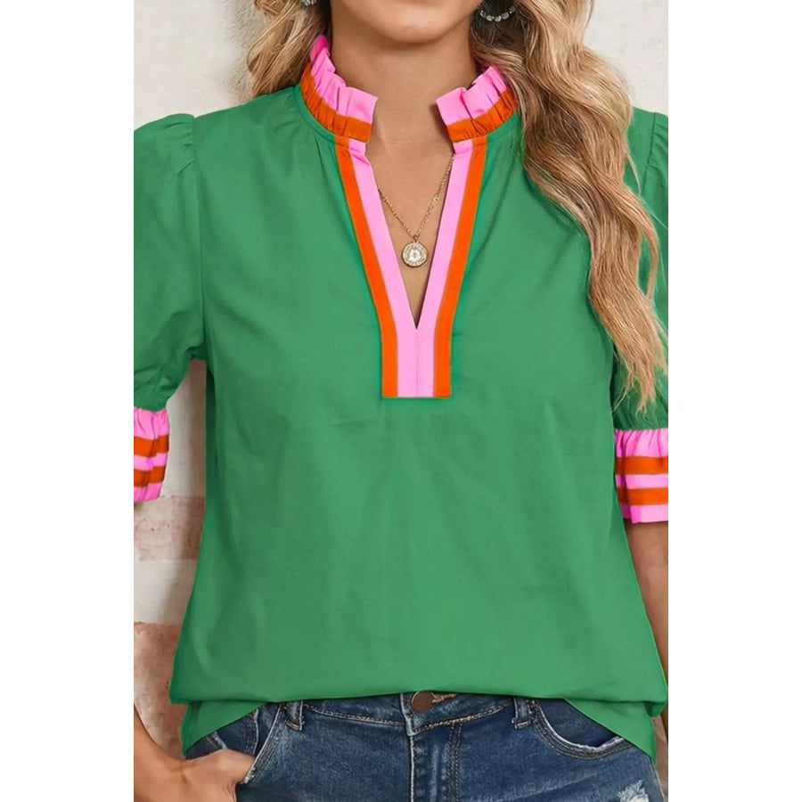 Ruffle Trim Notched Blouse Apparel and Accessories