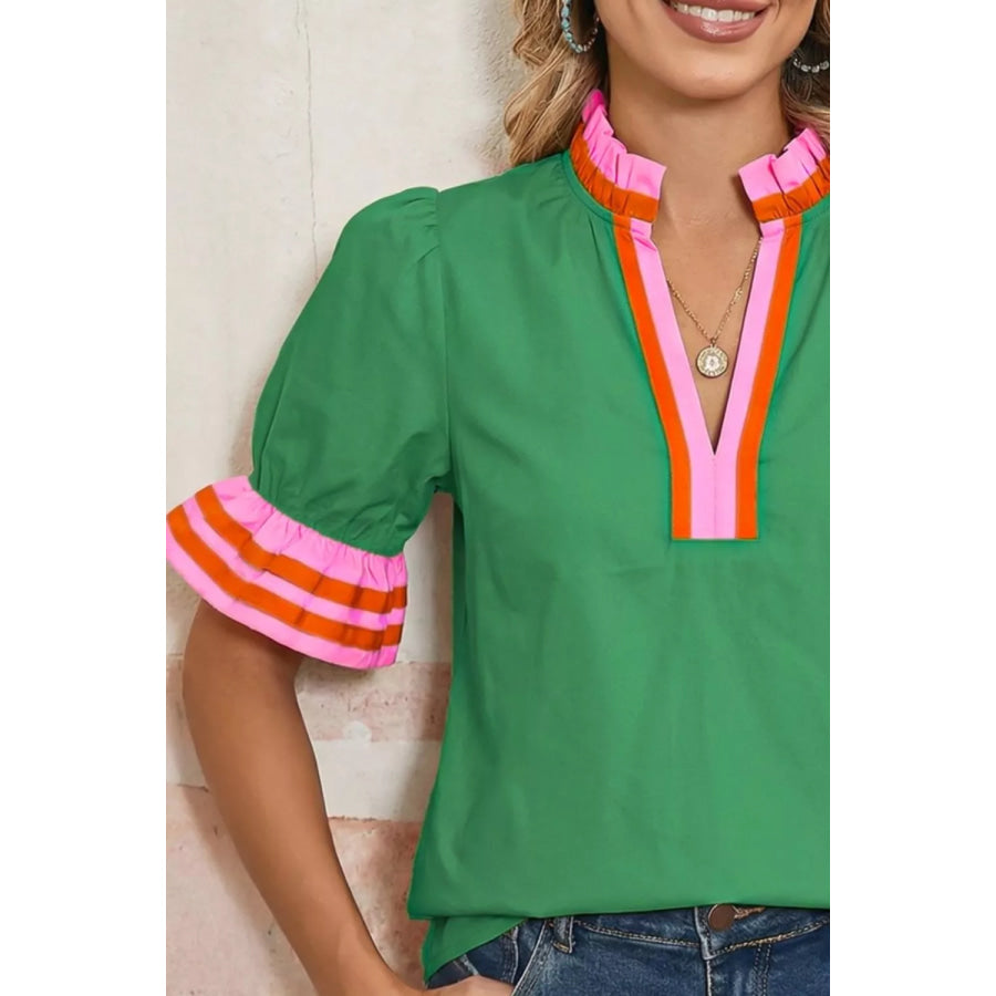 Ruffle Trim Notched Blouse Apparel and Accessories
