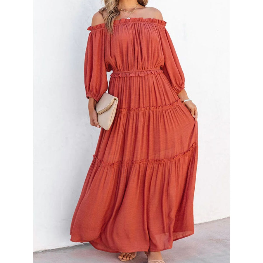 Ruffle Trim Off Shoulder Long Sleeve Maxi Dress Red Orange / S