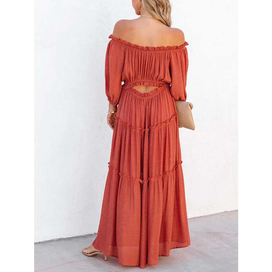 Ruffle Trim Off Shoulder Long Sleeve Maxi Dress Red Orange / S