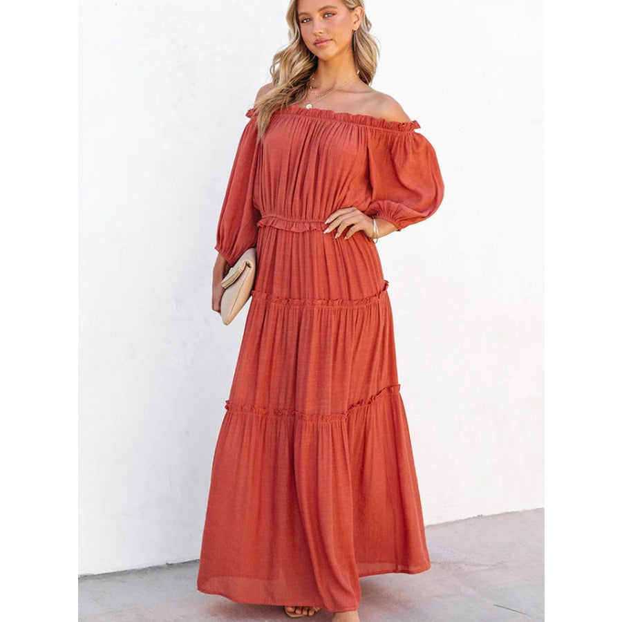 Ruffle Trim Off Shoulder Long Sleeve Maxi Dress