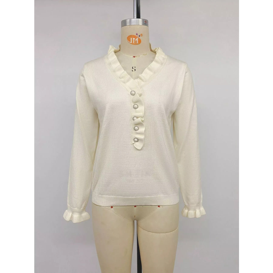 Ruffle Trim Pearl Button V-Neck Knit Top Apparel and Accessories
