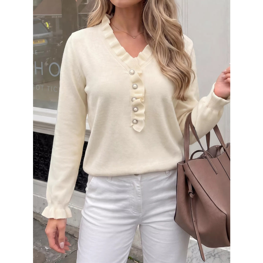 Ruffle Trim Pearl Button V-Neck Knit Top Apparel and Accessories