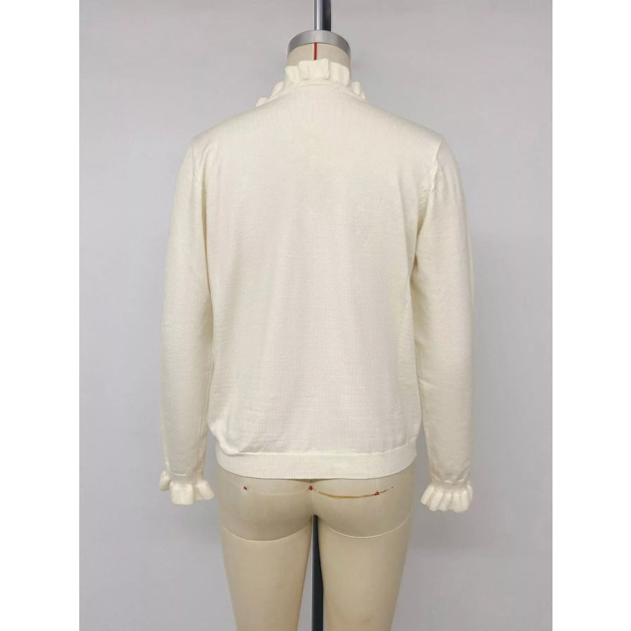 Ruffle Trim Pearl Button V-Neck Knit Top Apparel and Accessories