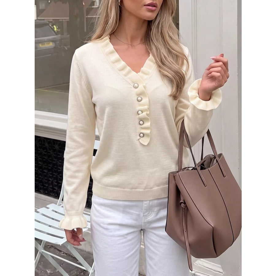 Ruffle Trim Pearl Button V-Neck Knit Top Apparel and Accessories