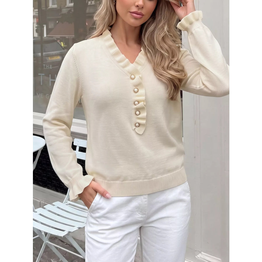 Ruffle Trim Pearl Button V-Neck Knit Top Apparel and Accessories
