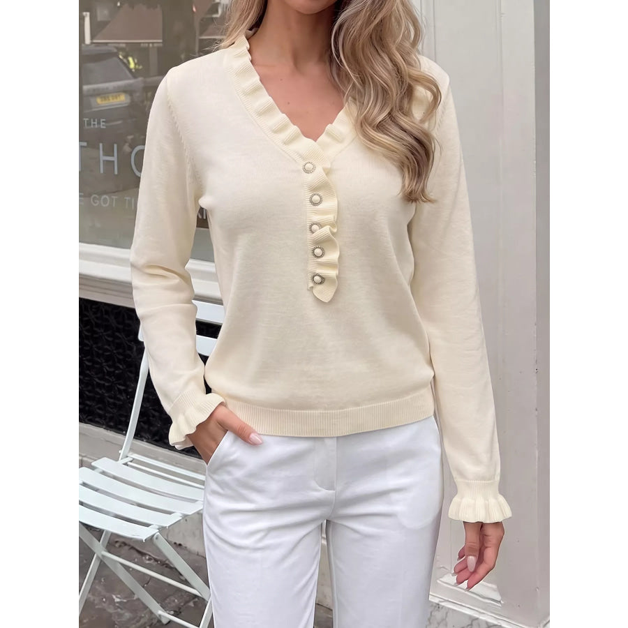 Ruffle Trim Pearl Button V-Neck Knit Top Apparel and Accessories
