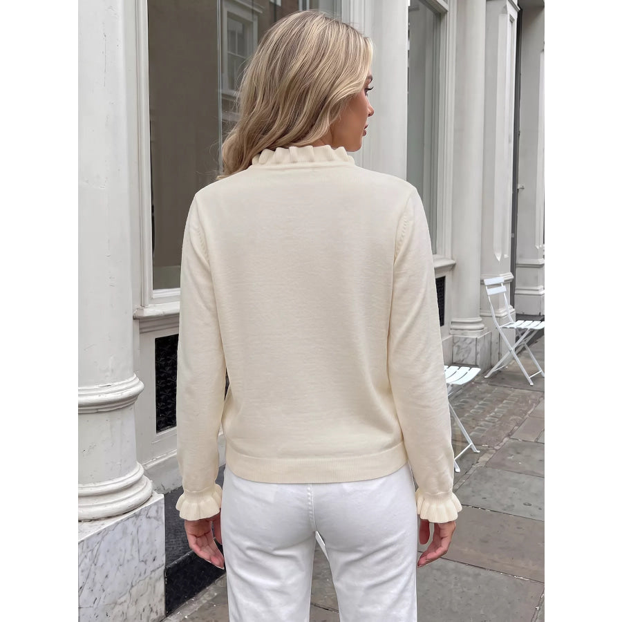 Ruffle Trim Pearl Button V-Neck Knit Top Apparel and Accessories