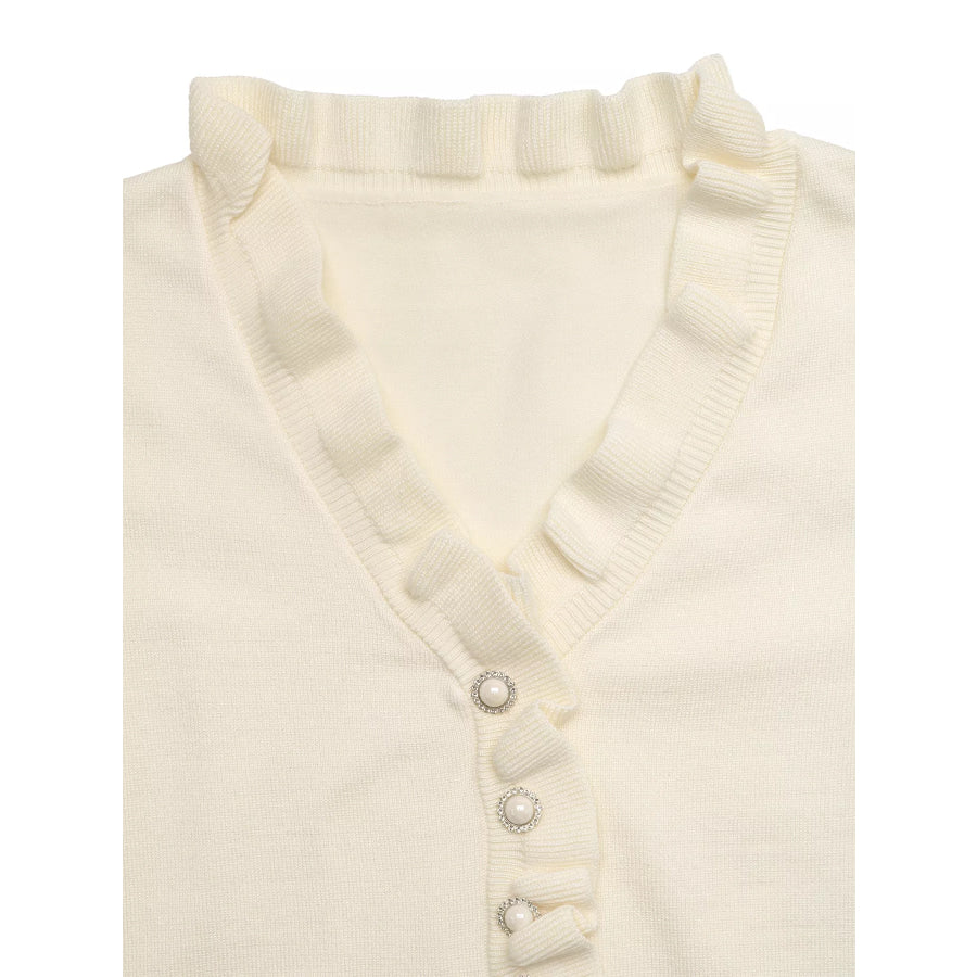 Ruffle Trim Pearl Button V-Neck Knit Top Apparel and Accessories