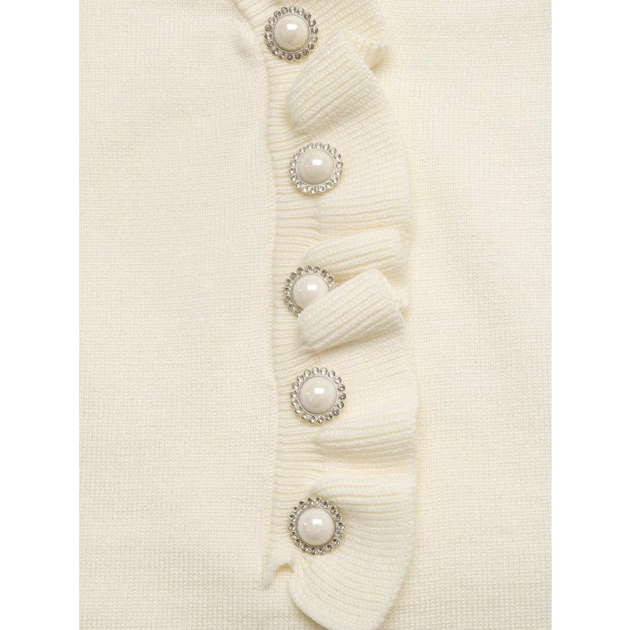 Ruffle Trim Pearl Button V-Neck Knit Top Apparel and Accessories