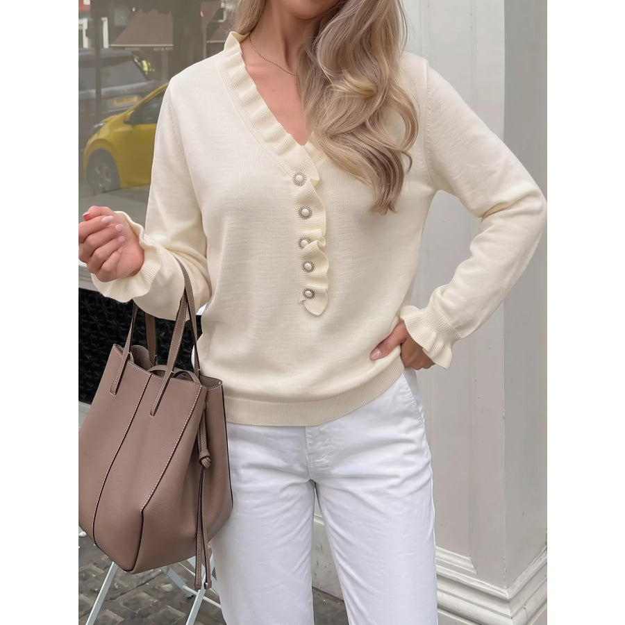 Ruffle Trim Pearl Button V-Neck Knit Top Apparel and Accessories