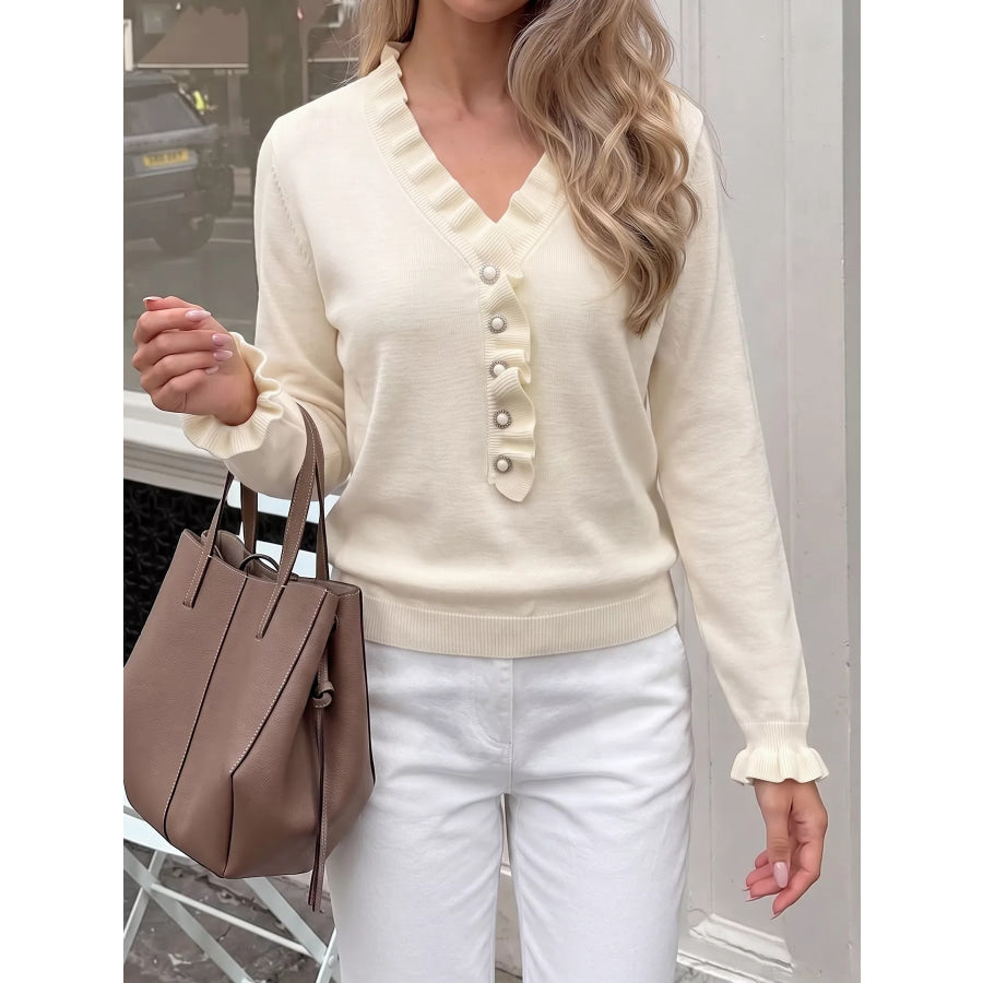 Ruffle Trim Pearl Button V-Neck Knit Top Apricot / S Apparel and Accessories