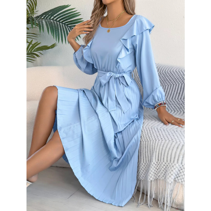 Ruffle Trim Pleated A-Line Midi Dress Apparel and Accessories