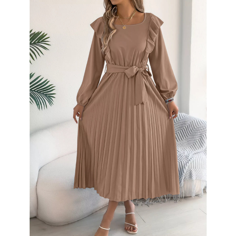 Ruffle Trim Pleated A-Line Midi Dress Apparel and Accessories