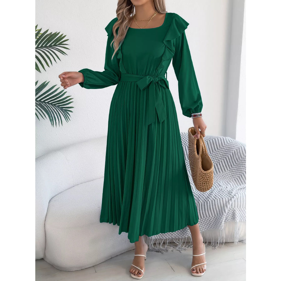 Ruffle Trim Pleated A-Line Midi Dress Apparel and Accessories