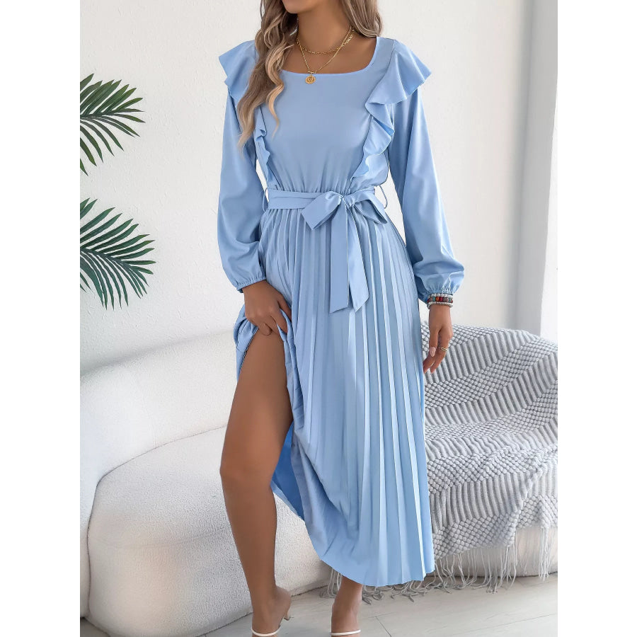 Ruffle Trim Pleated A-Line Midi Dress Apparel and Accessories