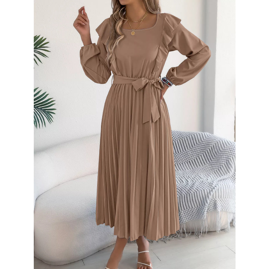 Ruffle Trim Pleated A-Line Midi Dress Apparel and Accessories