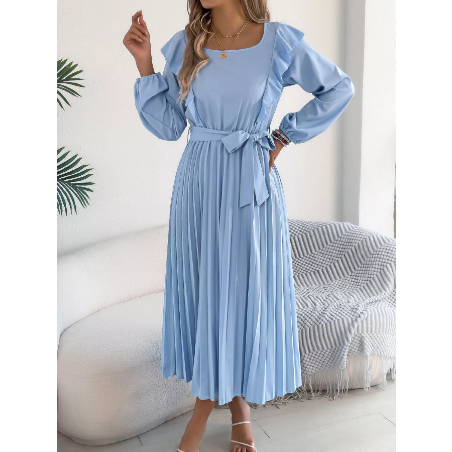 Ruffle Trim Pleated A-Line Midi Dress Apparel and Accessories