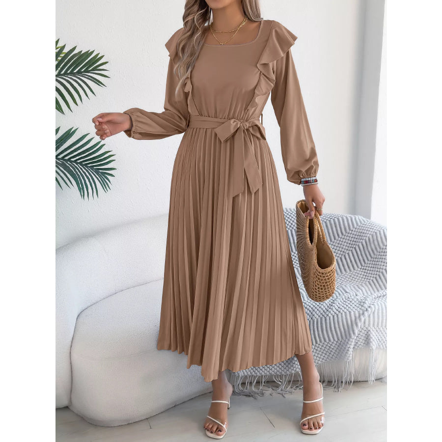 Ruffle Trim Pleated A-Line Midi Dress Apparel and Accessories