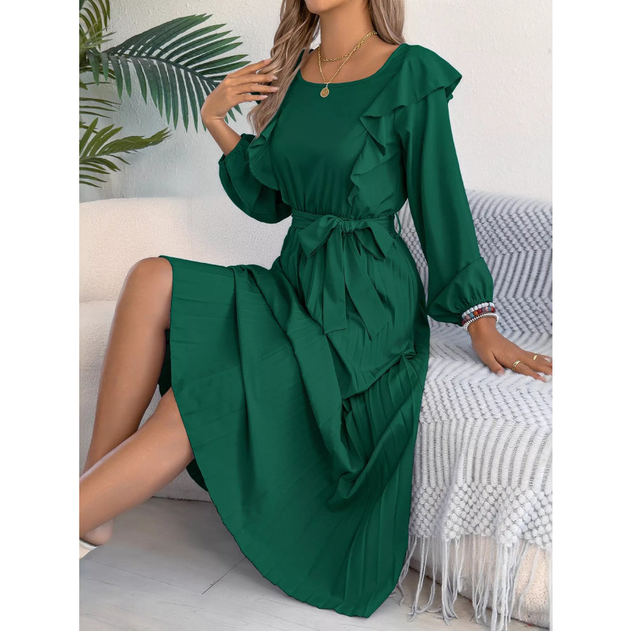 Ruffle Trim Pleated A-Line Midi Dress Apparel and Accessories