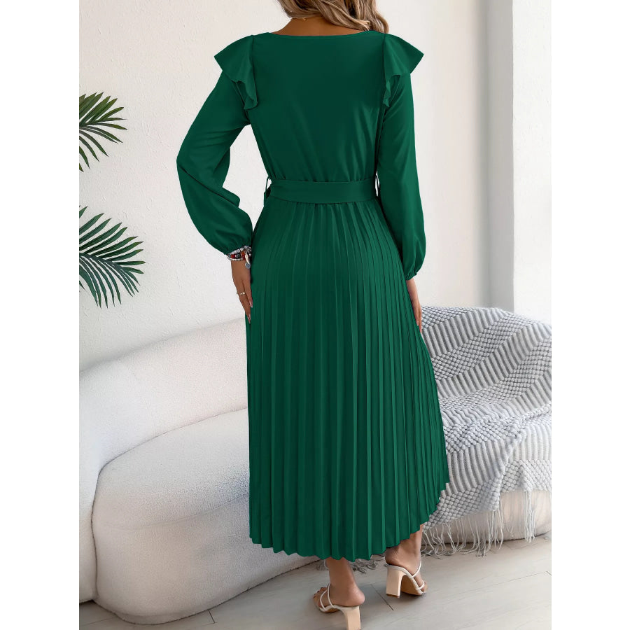 Ruffle Trim Pleated A-Line Midi Dress Apparel and Accessories