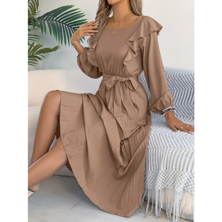 Ruffle Trim Pleated A-Line Midi Dress Apparel and Accessories