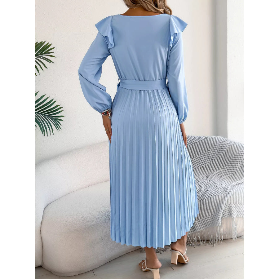 Ruffle Trim Pleated A-Line Midi Dress Apparel and Accessories